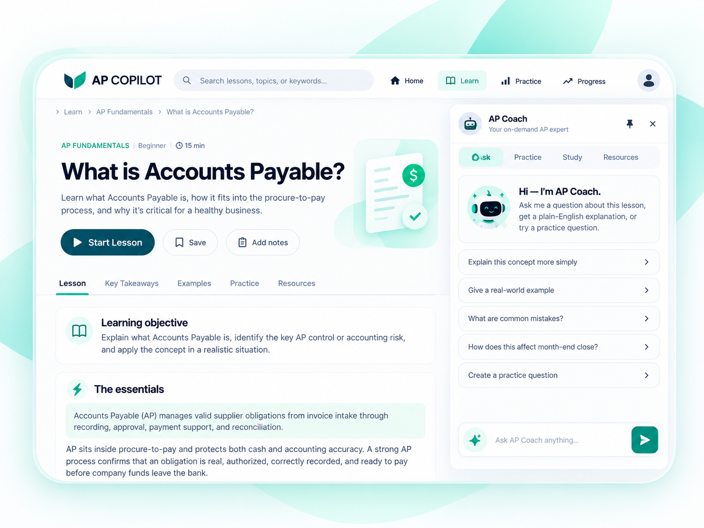 AP Copilot’s What is Accounts Payable lesson with the AP Coach panel open